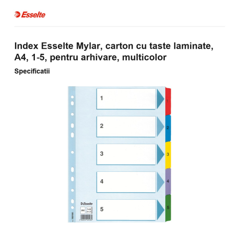 Index Esselte Mylar, carton cu taste laminate, A4, 1-5, pentru arhivare, multicolor [2]