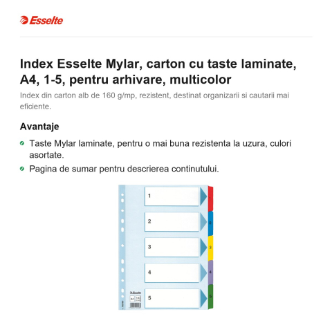 Index Esselte Mylar, carton cu taste laminate, A4, 1-5, pentru arhivare, multicolor [1]
