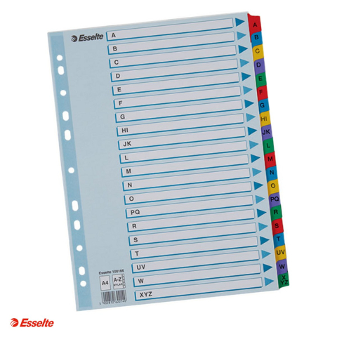 Indecsi si separatoare pentru dosare - Index Esselte Mylar, carton cu taste laminate, A4, A-Z, pentru arhivare, multicolor