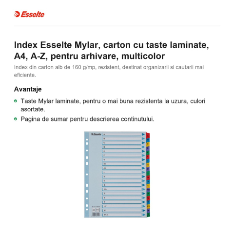 Index Esselte Mylar, carton cu taste laminate, A4, A-Z, pentru arhivare, multicolor [1]