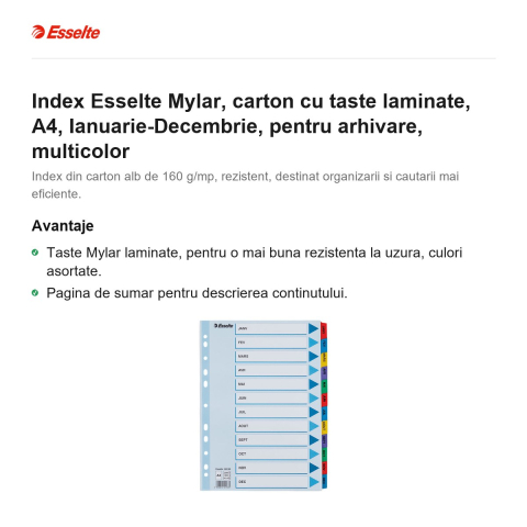 Index Esselte Mylar, carton cu taste laminate, A4, Ianuarie-Decembrie, pentru arhivare, multicolor [1]
