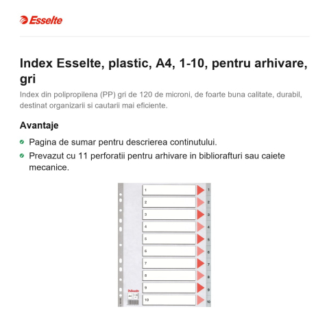 Index Esselte, plastic, A4, 1-10, pentru arhivare, gri [1]