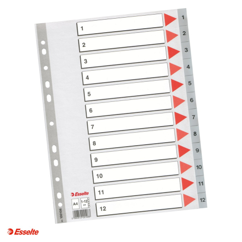 Indecsi si separatoare pentru dosare - Index Esselte, plastic, A4, 1-12, pentru arhivare, gri