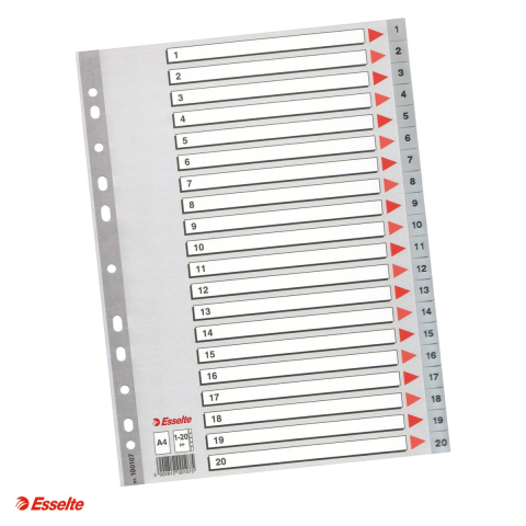 Indecsi si separatoare pentru dosare - Index Esselte, plastic, A4, 1-20, pentru arhivare, gri