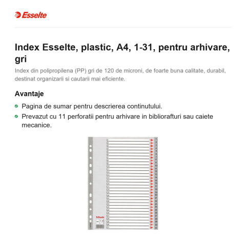 Index Esselte, plastic, A4, 1-31, pentru arhivare, gri [1]