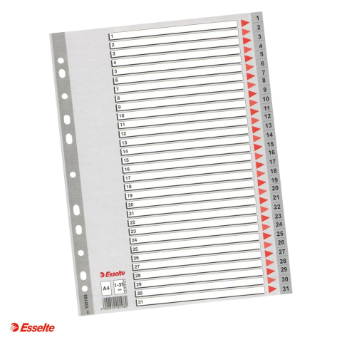 Indecsi si separatoare pentru dosare - Index Esselte, plastic, A4, 1-31, pentru arhivare, gri