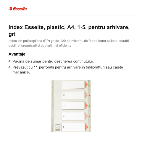 Index Esselte, plastic, A4, 1-5, pentru arhivare, gri [1]