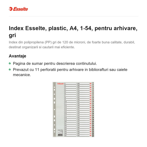 Index Esselte, plastic, A4, 1-54, pentru arhivare, gri [1]