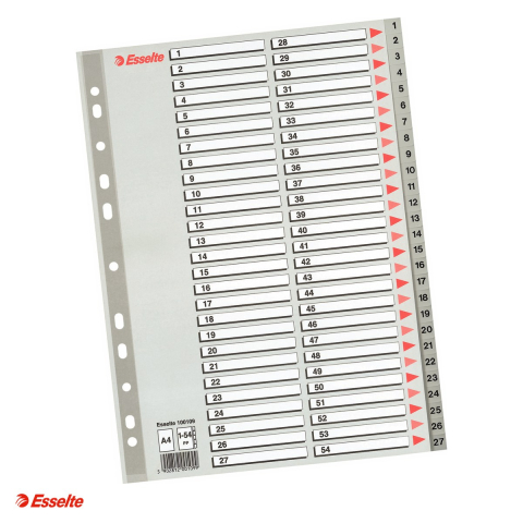 Indecsi si separatoare pentru dosare - Index Esselte, plastic, A4, 1-54, pentru arhivare, gri