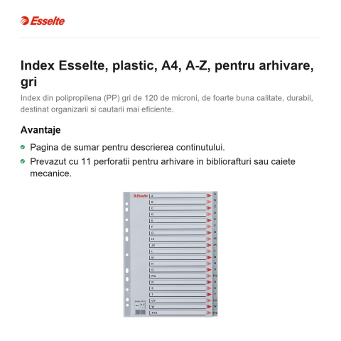 Index Esselte, plastic, A4, A-Z, pentru arhivare, gri [1]