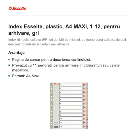 Index Esselte, plastic, A4 MAXI, 1-12, pentru arhivare, gri [1]