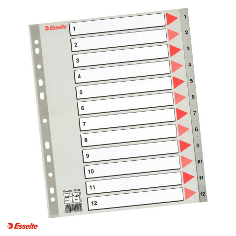 Indecsi si separatoare pentru dosare - Index Esselte, plastic, A4 MAXI, 1-12, pentru arhivare, gri