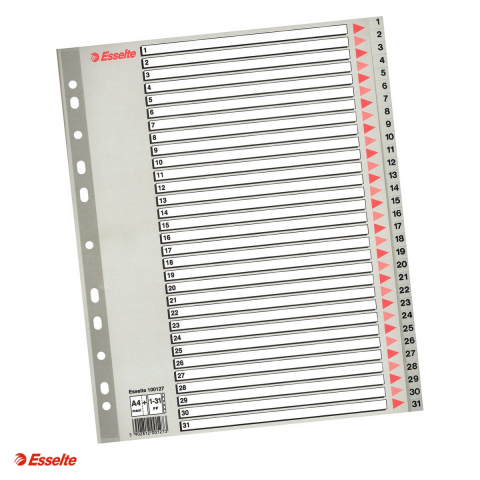 Indecsi si separatoare pentru dosare - Index Esselte, plastic, A4 MAXI, 1-31, pentru arhivare, gri