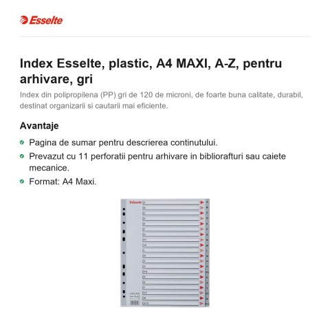 Index Esselte, plastic, A4 MAXI, A-Z, pentru arhivare, gri [1]