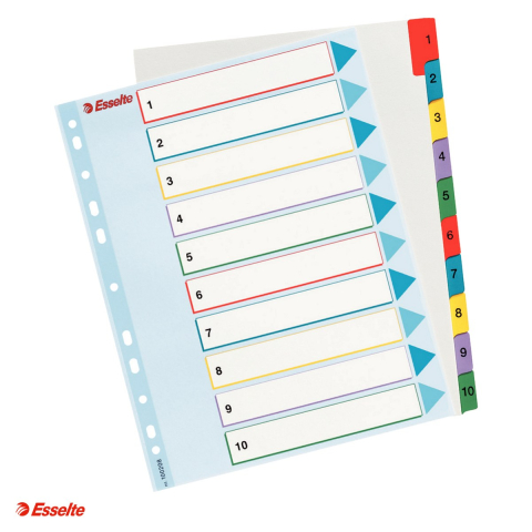 Indecsi si separatoare pentru dosare - Index Esselte, reinscriptibil, carton cu taste laminate, A4 MAXI, 1-10, pentru arhivare, multicolor