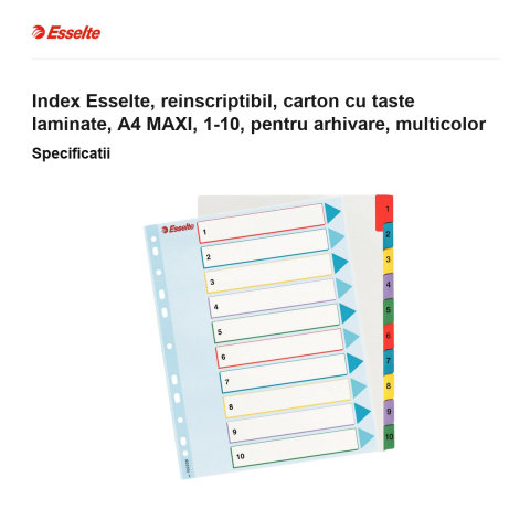 Index Esselte, reinscriptibil, carton cu taste laminate, A4 MAXI, 1-10, pentru arhivare, multicolor [2]