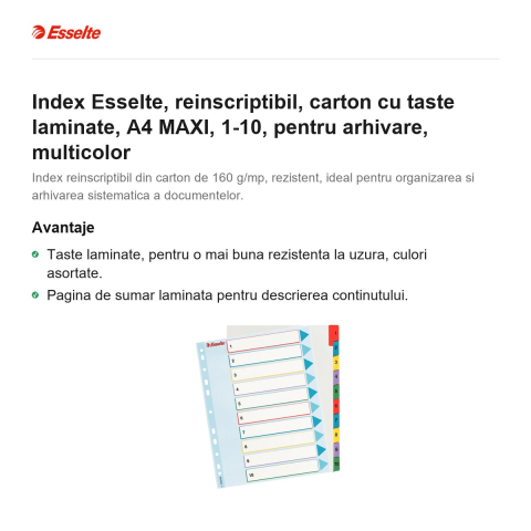 Index Esselte, reinscriptibil, carton cu taste laminate, A4 MAXI, 1-10, pentru arhivare, multicolor [1]