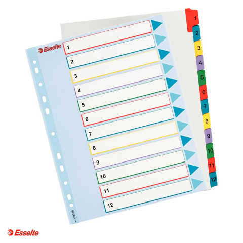 Indecsi si separatoare pentru dosare - Index Esselte, reinscriptibil, carton cu taste laminate, A4 MAXI, 1-12, pentru arhivare, multicolor