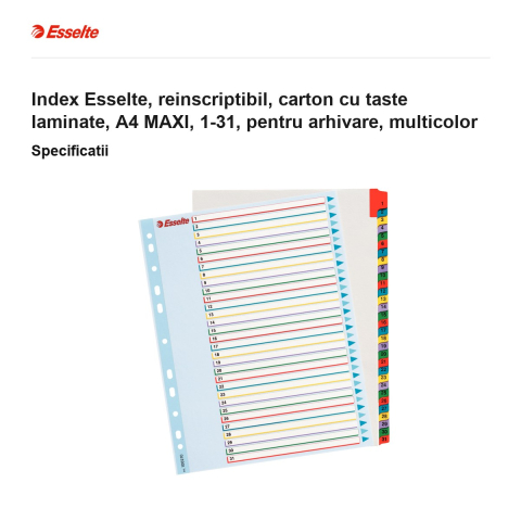 Index Esselte, reinscriptibil, carton cu taste laminate, A4 MAXI, 1-31, pentru arhivare, multicolor [2]