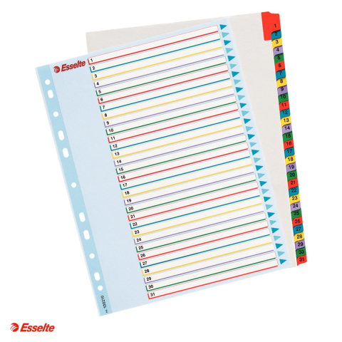 Indecsi si separatoare pentru dosare - Index Esselte, reinscriptibil, carton cu taste laminate, A4 MAXI, 1-31, pentru arhivare, multicolor