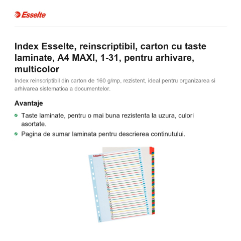 Index Esselte, reinscriptibil, carton cu taste laminate, A4 MAXI, 1-31, pentru arhivare, multicolor [1]