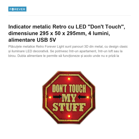Indicator metalic Retro cu LED ''Don't Touch'', dimensiune 295 x 50 x 295mm, 4 lumini, alimentare USB 5V [1]
