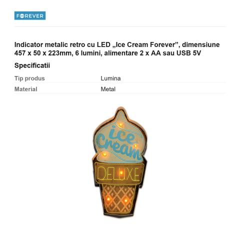 Indicator metalic retro cu LED „Ice Cream Forever”, dimensiune 457 x 50 x 223mm, 6 lumini, alimentare 2 x AA sau USB 5V [2]