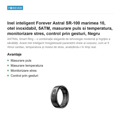 Inel inteligent Forever Astral SR-100 marimea 10, otel inoxidabil, 5ATM, masurare puls si temperatura, monitorizare stres, control prin gesturi, Negru [1]
