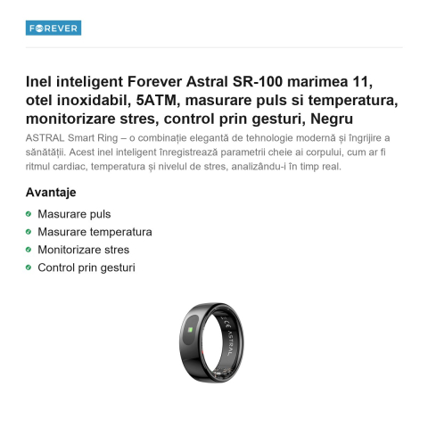 Inel inteligent Forever Astral SR-100 marimea 11, otel inoxidabil, 5ATM, masurare puls si temperatura, monitorizare stres, control prin gesturi, Negru [1]