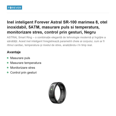 Inel inteligent Forever Astral SR-100 marimea 8, otel inoxidabil, 5ATM, masurare puls si temperatura, monitorizare stres, control prin gesturi, Negru [1]
