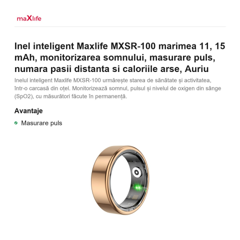 Inel inteligent Maxlife MXSR-100 marimea 11, 15 mAh, monitorizarea somnului, masurare puls, numara pasii distanta si caloriile arse, Auriu [1]