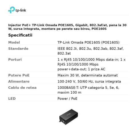 Injector PoE+ TP-Link Omada POE160S, Gigabit, 802.3af/at, pana la 30 W, sursa integrata, montare pe perete sau birou, POE160S [2]
