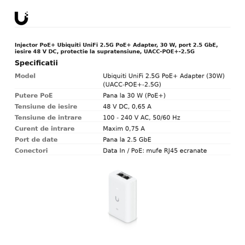 Injector PoE+ Ubiquiti UniFi 2.5G PoE+ Adapter, 30 W, port 2.5 GbE, iesire 48 V DC, protectie la supratensiune, UACC-POE+-2.5G [2]