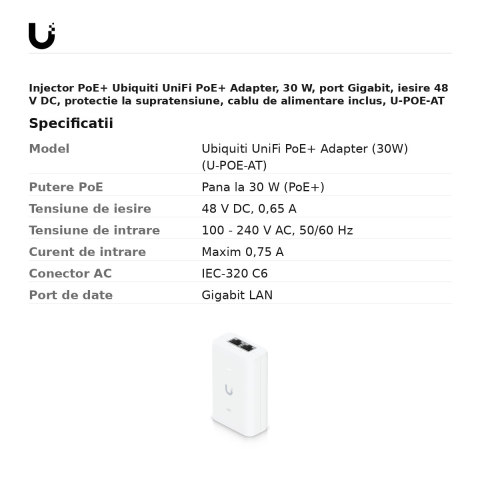 Injector PoE+ Ubiquiti UniFi PoE+ Adapter, 30 W, port Gigabit, iesire 48 V DC, protectie la supratensiune, cablu de alimentare inclus, U-POE-AT [2]