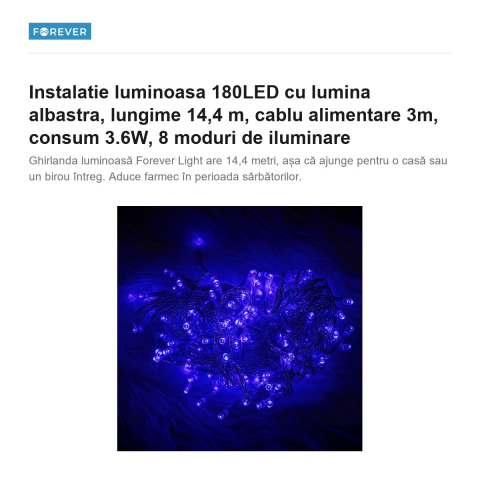 Instalatie luminoasa 180LED cu lumina albastra, lungime 14,4 m, cablu alimentare 3m, consum 3.6W, 8 moduri de iluminare [1]