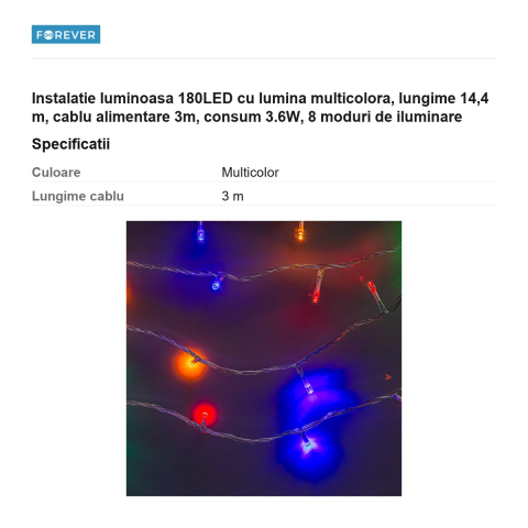 Instalatie luminoasa 180LED cu lumina multicolora, lungime 14,4 m, cablu alimentare 3m, consum 3.6W, 8 moduri de iluminare [2]