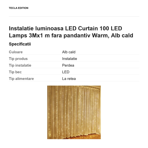 Instalatie luminoasa LED Curtain 100 LED Lamps 3Mx1 m fara pandantiv lumina calda [2]
