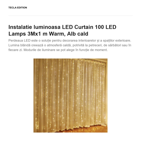 Instalatie luminoasa LED Curtain 100 LED Lamps 3Mx1 m lumina calda [1]