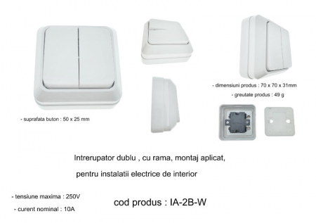 Intrerupator cu 2 butoane, aplicat, cu rama, 80 x 80 x 35mm, alb [5]