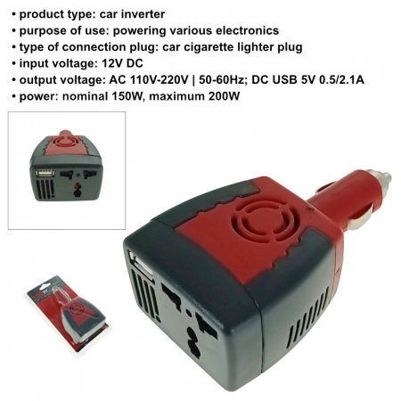 Invertor auto 12V la 220V 150W, iesire 1 X USB 5V-2.1A, negru cu rosu [5]