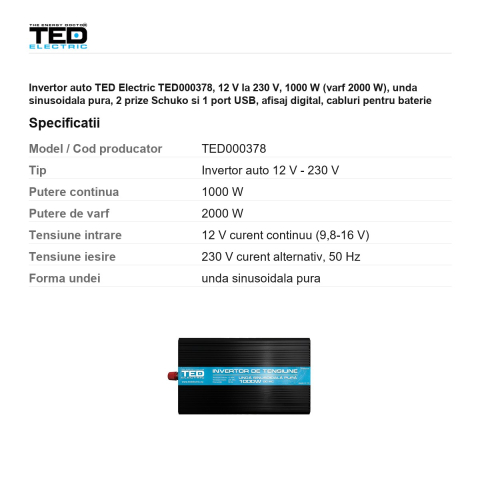 Invertor auto TED Electric TED000378, 12 V la 230 V, 1000 W (varf 2000 W), unda sinusoidala pura, 2 prize Schuko si 1 port USB, afisaj digital, cabluri pentru baterie incluse [2]