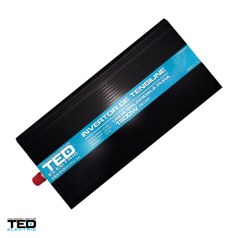 Invertoare tensiune - Invertor auto TED Electric TED000385, 12 V la 230 V, 1500 W (varf 3000 W), unda sinusoidala pura, 2 prize Schuko si 1 port USB, afisaj digital, cabluri pentru baterie incluse