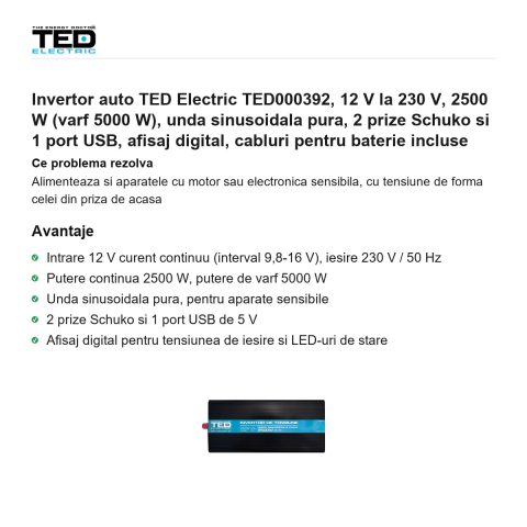 Invertor auto TED Electric TED000392, 12 V la 230 V, 2500 W (varf 5000 W), unda sinusoidala pura, 2 prize Schuko si 1 port USB, afisaj digital, cabluri pentru baterie incluse [1]