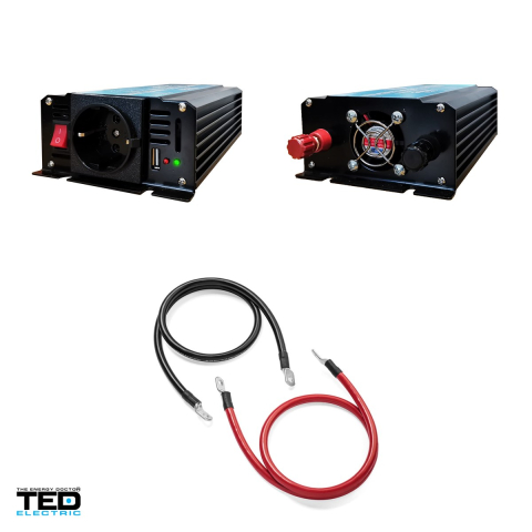 Invertor auto TED Electric TED000408, 12 V la 230 V, 300 W (varf 600 W), unda sinusoidala pura, 1 priza Schuko si 1 port USB, cabluri pentru baterie incluse [3]