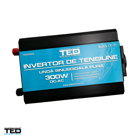 Invertoare tensiune - Invertor auto TED Electric TED000408, 12 V la 230 V, 300 W (varf 600 W), unda sinusoidala pura, 1 priza Schuko si 1 port USB, cabluri pentru baterie incluse