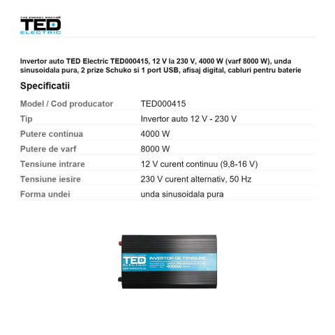 Invertor auto TED Electric TED000415, 12 V la 230 V, 4000 W (varf 8000 W), unda sinusoidala pura, 2 prize Schuko si 1 port USB, afisaj digital, cabluri pentru baterie incluse [2]