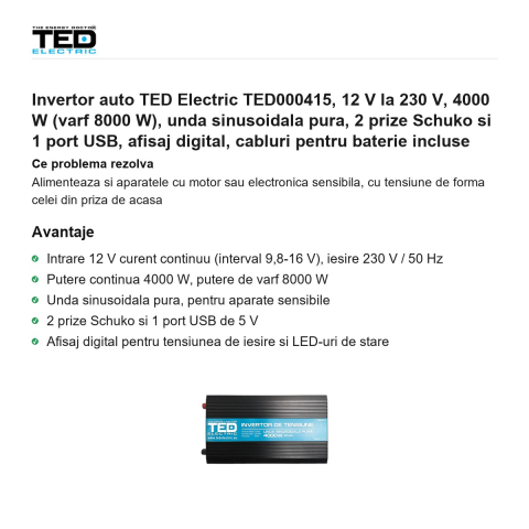 Invertor auto TED Electric TED000415, 12 V la 230 V, 4000 W (varf 8000 W), unda sinusoidala pura, 2 prize Schuko si 1 port USB, afisaj digital, cabluri pentru baterie incluse [1]