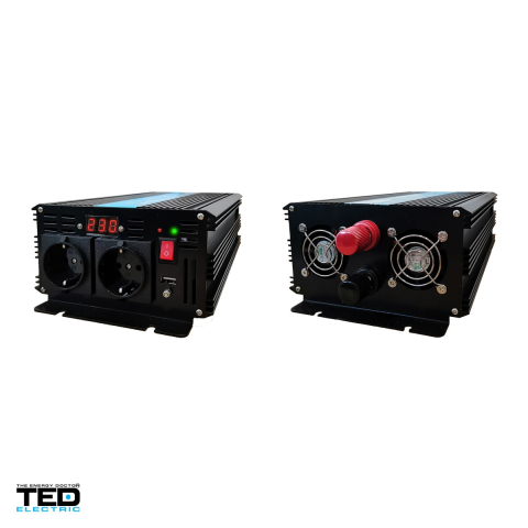 Invertor auto TED Electric TED000439, 24 V la 230 V, 1000 W (varf 2000 W), unda sinusoidala pura, 2 prize Schuko si 1 port USB, afisaj digital, cabluri pentru baterie incluse [3]