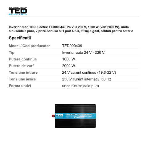 Invertor auto TED Electric TED000439, 24 V la 230 V, 1000 W (varf 2000 W), unda sinusoidala pura, 2 prize Schuko si 1 port USB, afisaj digital, cabluri pentru baterie incluse [2]