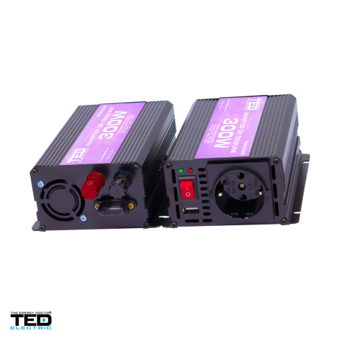 Invertoare tensiune - Invertor auto TED Electric TED007025, 12 V la 230 V, 300 W (varf 600 W), unda sinusoidala modificata, 1 priza Schuko si 1 port USB, carcasa metalica, cabluri pentru baterie incluse
